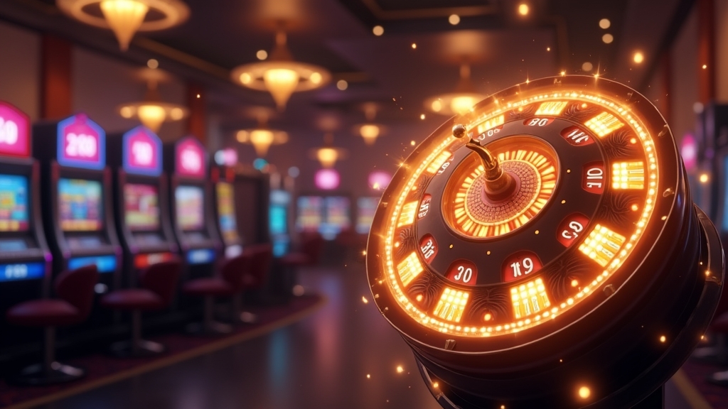 Rodadas grátis brilhando ao redor de uma slot em um cassino escuro